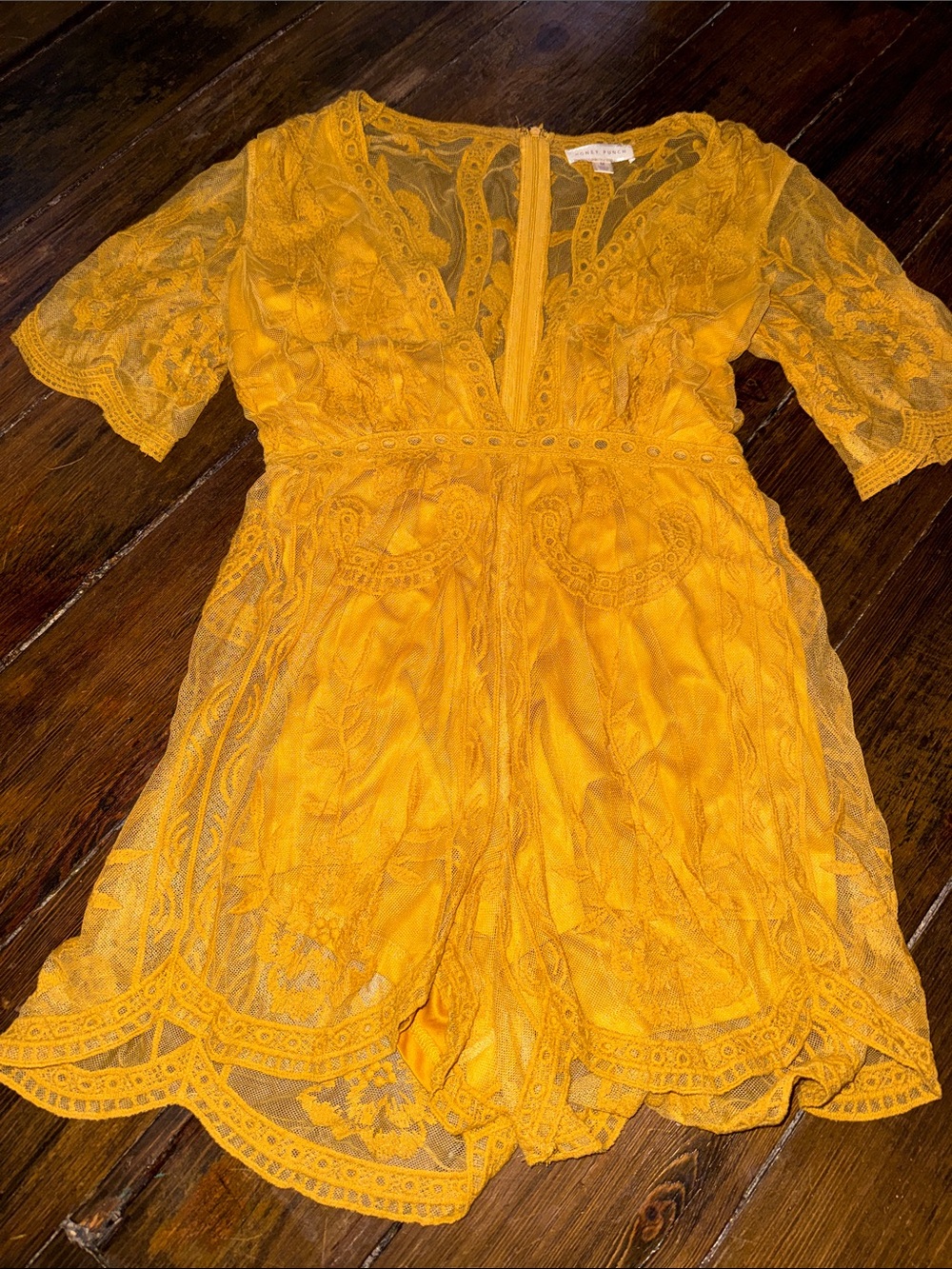 Honey Punch Yellow Lace Romper with Scalloped Trim
